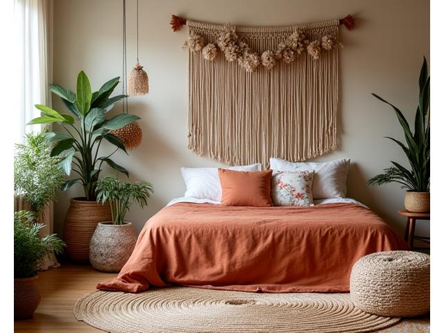 자연 소재 러그, 플랜트, 마크라메 장식으로 꾸며진 보헤미안 스타일 침실