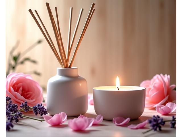 장미 꽃잎과 허브가 담긴 고급스러운 플라워 디퓨저와 라벤더 향 아로마 캔들