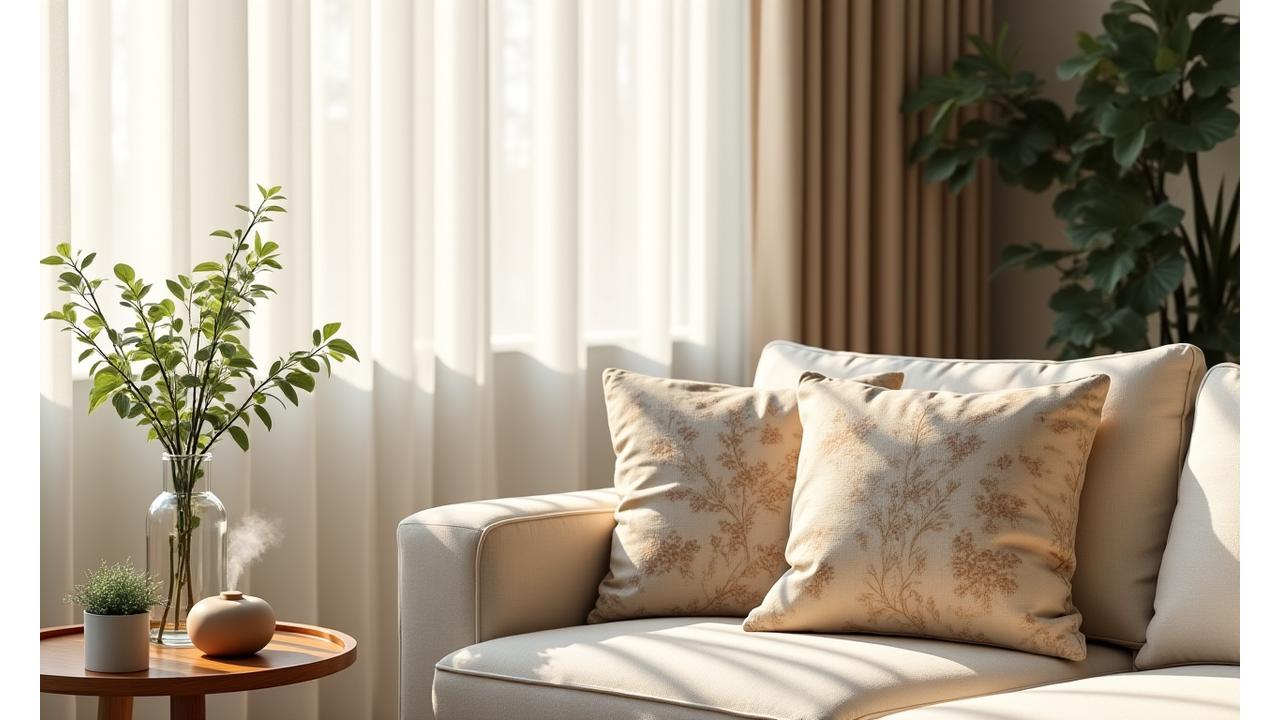 햇살이 비치는 거실에 보타니컬 쿠션, 아로마 디퓨저, 그리고 엽서액자와 아름답게 배치된 화분들로 장식된 아늑하고 고급스러운 인테리어