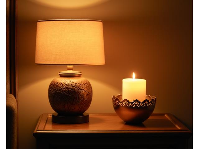 자연 모티프의 조각이 새겨진 은은한 램프와 유리 돔 아래 초가 빛나는 캔들 홀더