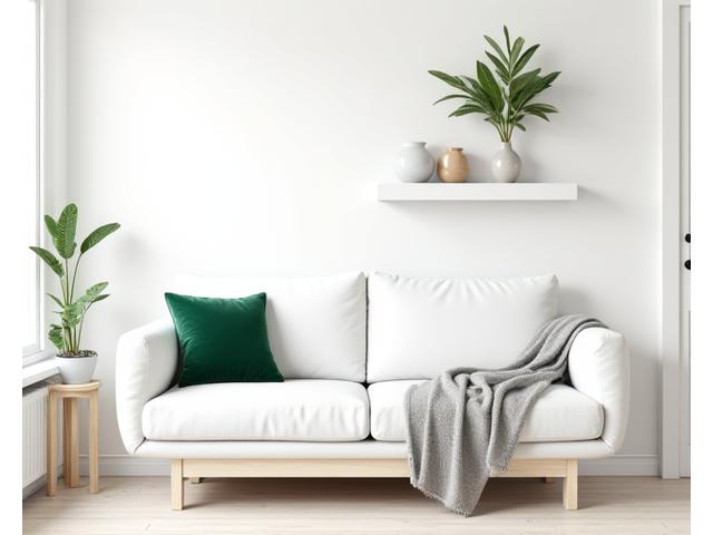 화이트 톤 인테리어에 미니멀한 식물과 우드 선반이 있는 스칸디나비아 스타일 거실