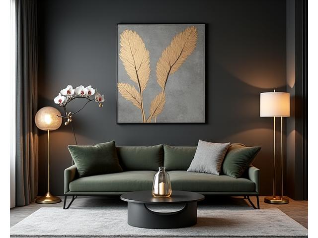 모던한 감각의 거실에 놓인 세련된 디자인의 보타니컬 액자, 고급스러운 화분과 은은한 조명