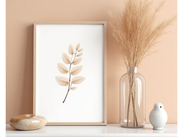 다양한 보타니컬 패턴의 아트 프린트, 섬세한 깃털 장식, 그리고 투명한 유리병에 담긴 드라이플라워