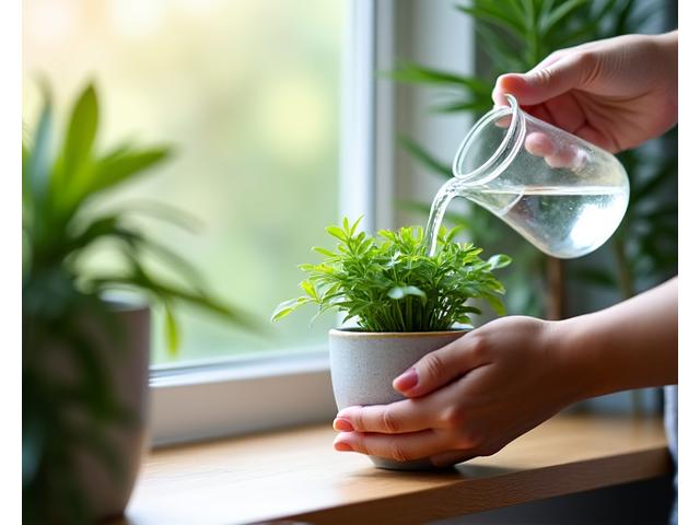 화분 속 식물에 물을 주고 있는 손