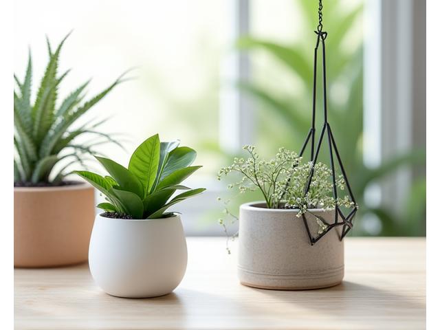 세련된 디자인의 도자기 화분에 심긴 미니몬스테라와 벽에 걸린 행잉 플랜터