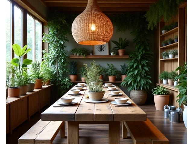 원목 가구와 빈티지 식기, 다양한 식물들로 꾸며진 러스틱 내추럴 다이닝 공간