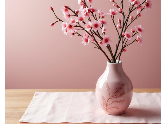 벚꽃 무늬가 새겨진 파스텔 톤 화병과 테이블 린넨