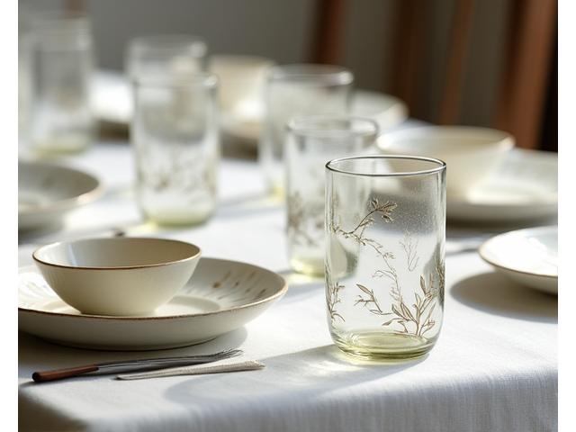 꽃무늬가 섬세하게 그려진 도자기 식기 세트와 보타니컬 패턴의 글래스웨어