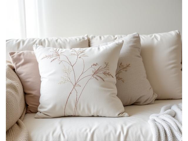 화이트 소파에 놓인 섬세한 플로럴 패턴의 쿠션들과 자연 소재로 짜여진 러그