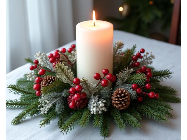 전나무 가지와 솔방울로 장식된 겨울 센터피스