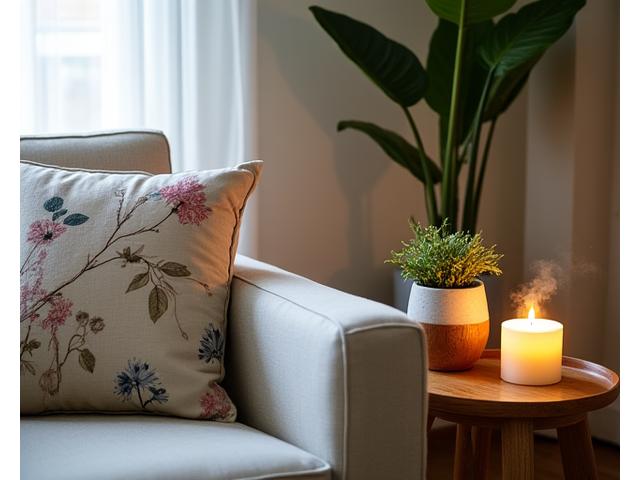 감각적인 플로럴 디자인 홈 액세서리가 놓인 거실