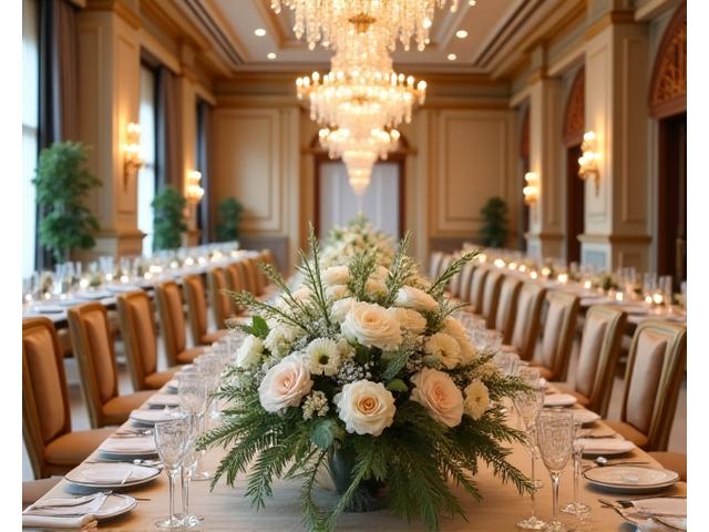 아름다운 꽃으로 장식된 고급스러운 웨딩 연회장
