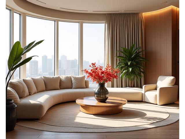 화사한 꽃과 식물로 장식된 모던한 거실 공간