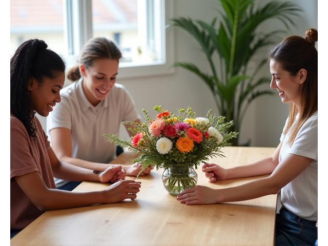 밝은 공간에서 플로럴 디자인 워크숍에 참여하는 사람들